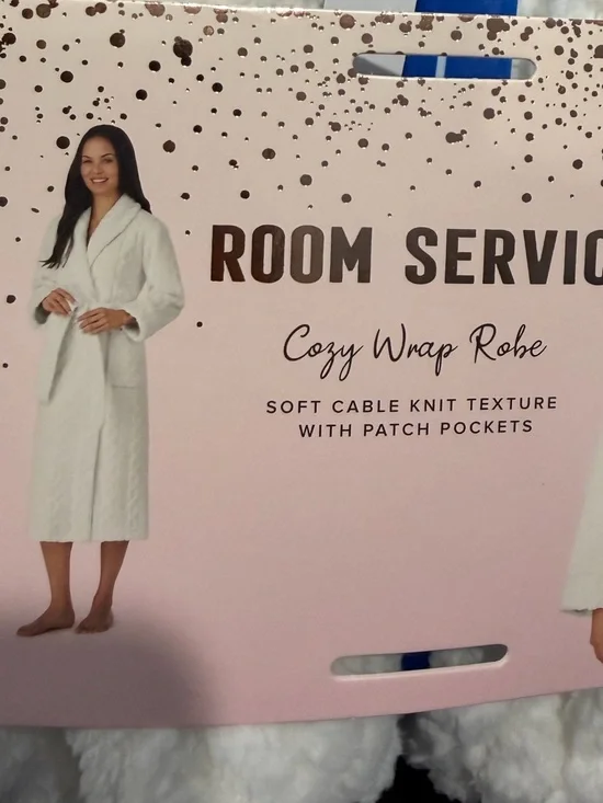 ROOM SERVICE Cozy Wrap Fuzzy Robe SOFT CABLE KNIT TEXTURE POCKETS White L 12 14 - Picture 5 of 12